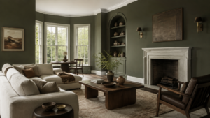 ophisticated living room painted in Behr Grounded, the 2027 Color of the Year